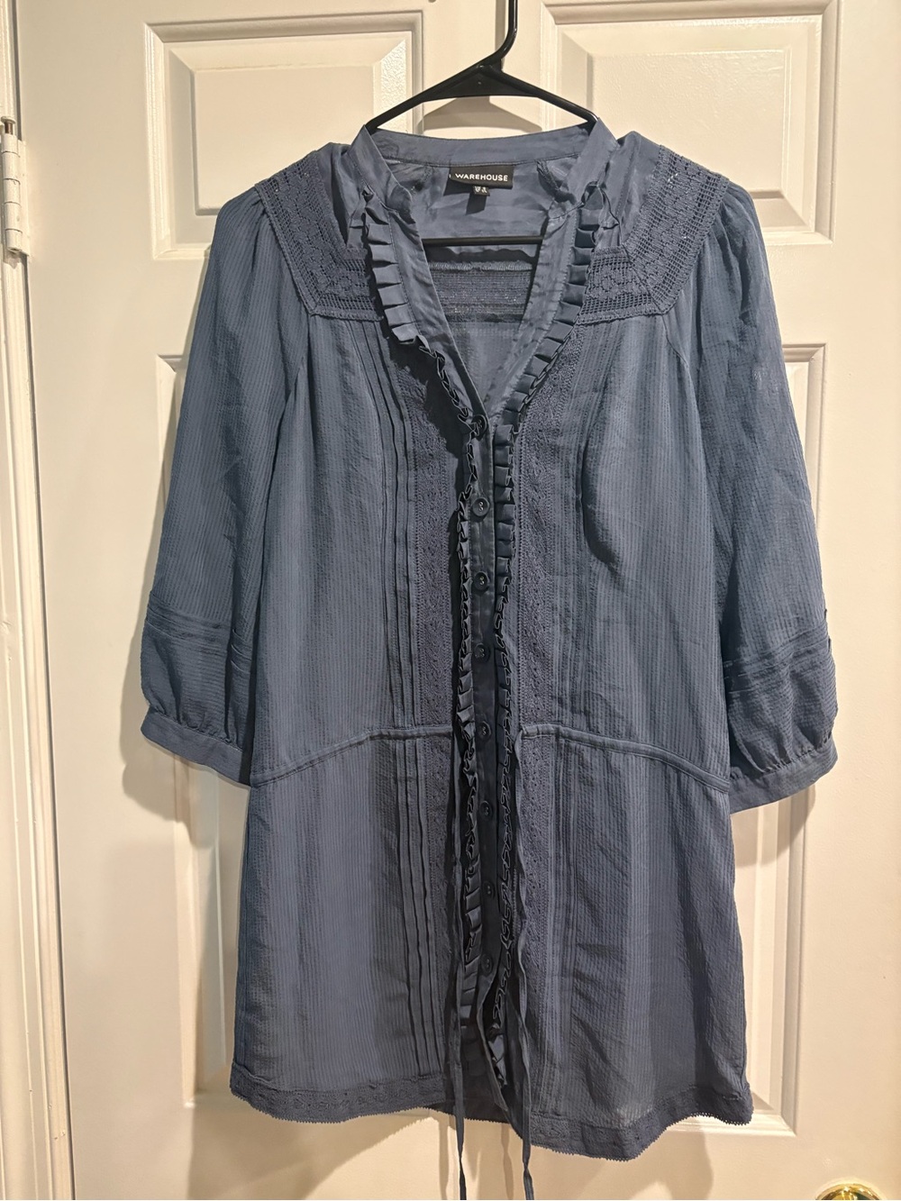 Warehouse silk button down top tunic ruffles gray sz 4 (uk 8) cottagecore